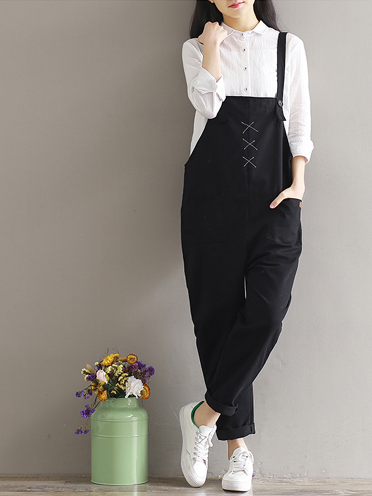 Casual-Women-Cotton-Pure-Color-Sleeveless-Pocket-Overalls-1161598
