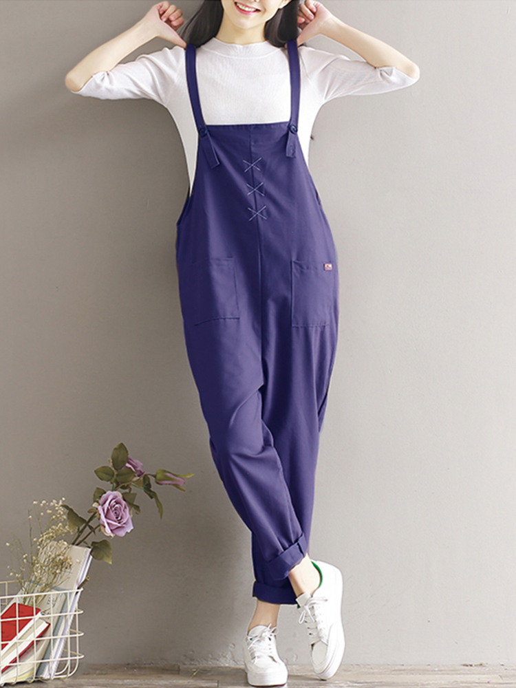 Casual-Women-Cotton-Pure-Color-Sleeveless-Pocket-Overalls-1161598