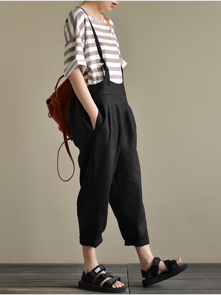 Casual-Women-Cotton-Strap-Solid-Pockets-Jumpsuit-1313222