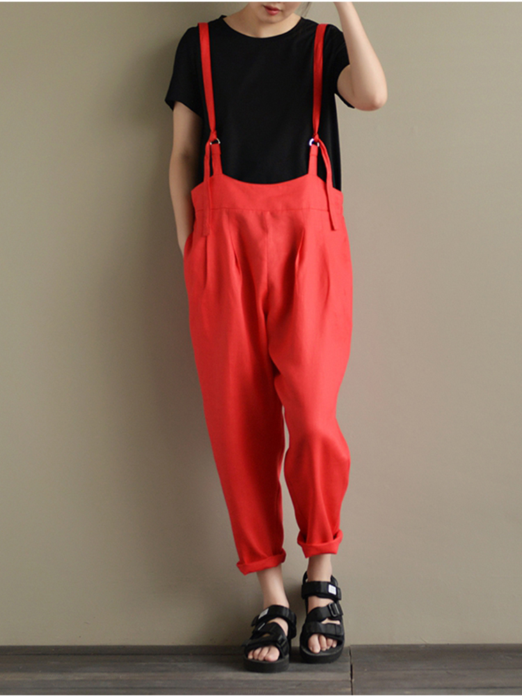 Casual-Women-Cotton-Strap-Solid-Pockets-Jumpsuit-1313222