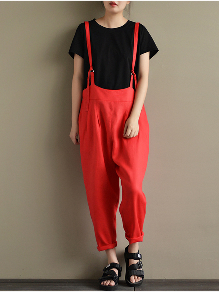 Casual-Women-Cotton-Strap-Solid-Pockets-Jumpsuit-1313222