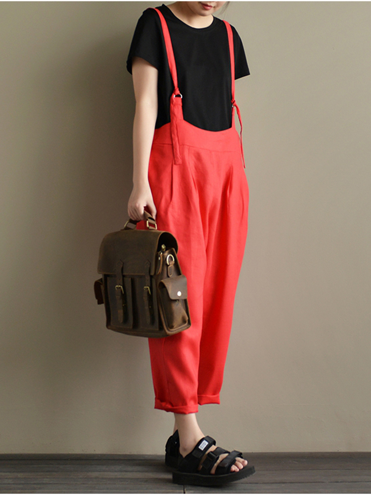 Casual-Women-Cotton-Strap-Solid-Pockets-Jumpsuit-1313222