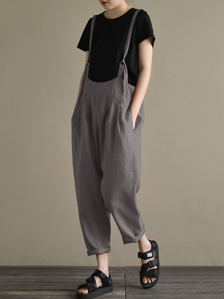 Casual-Women-Cotton-Strap-Solid-Pockets-Jumpsuit-1313222