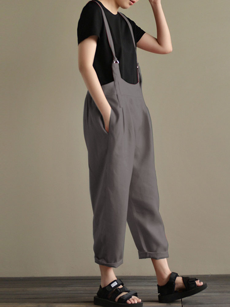 Casual-Women-Cotton-Strap-Solid-Pockets-Jumpsuit-1313222