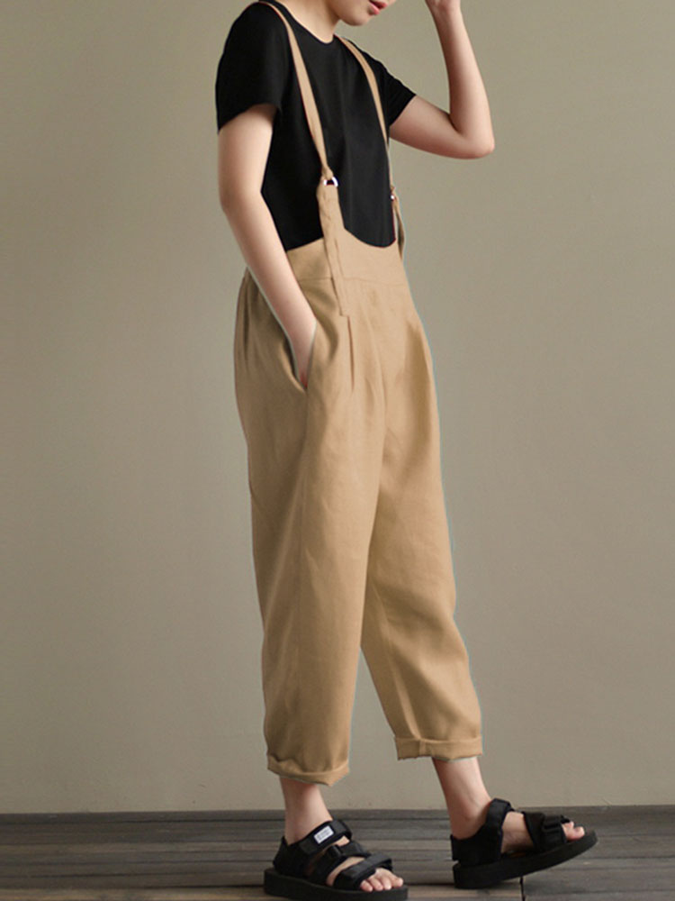 Casual-Women-Cotton-Strap-Solid-Pockets-Jumpsuit-1313222