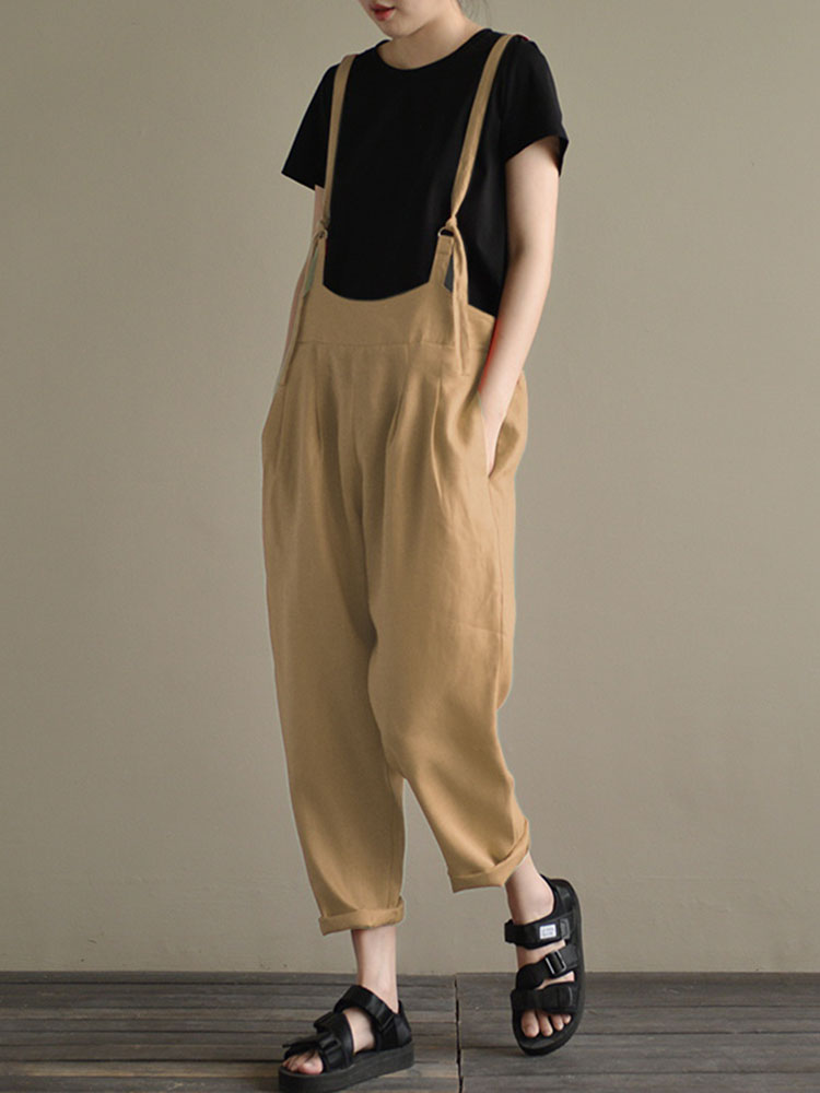 Casual-Women-Cotton-Strap-Solid-Pockets-Jumpsuit-1313222