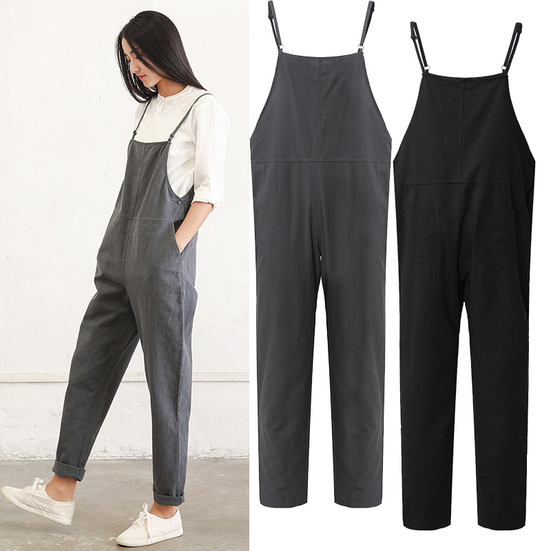 Casual-Women-Pure-Color-Side-Button-Strap-Cotton-Overalls-1161597