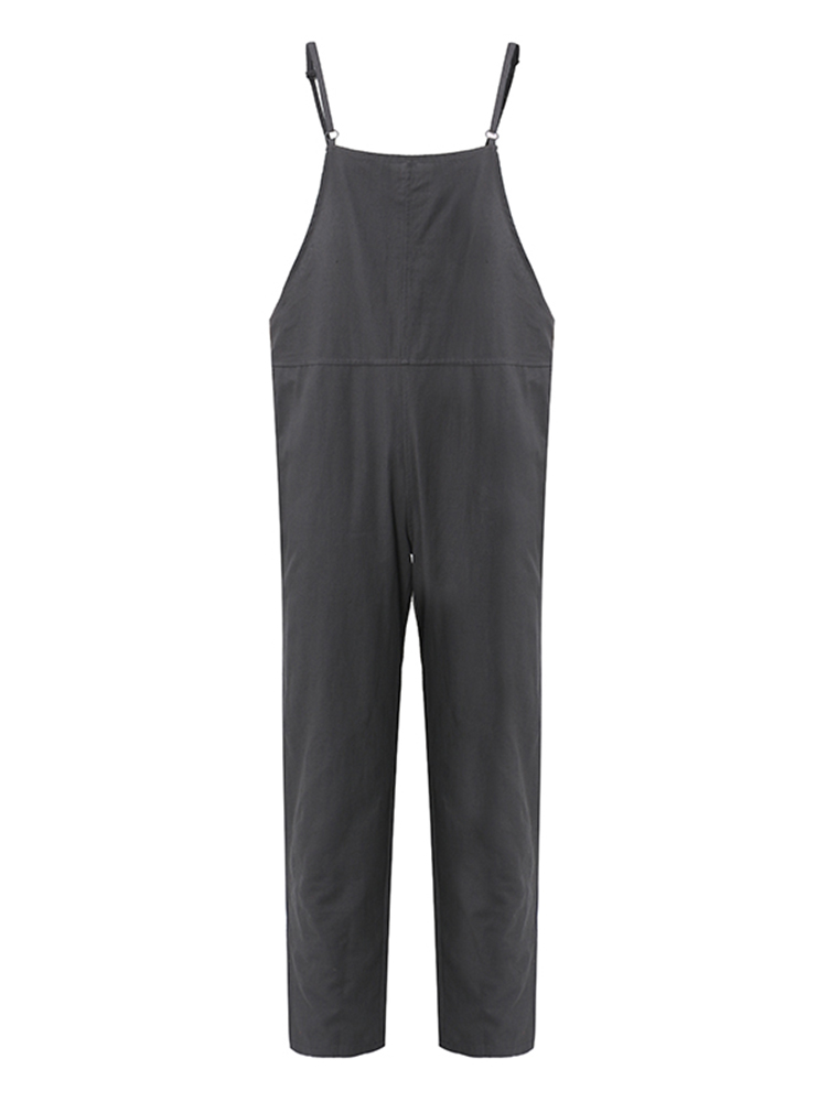 Casual-Women-Pure-Color-Side-Button-Strap-Cotton-Overalls-1161597