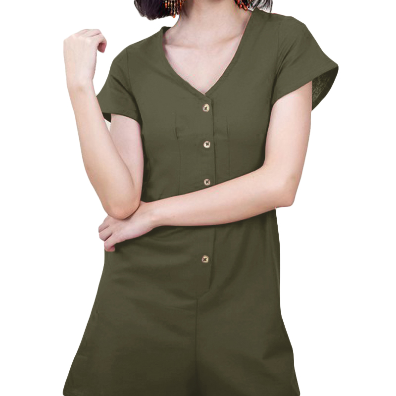 Women-V-neck-Buttons-Solid-Color-Short-Jumpsuit-Overalls-1422761