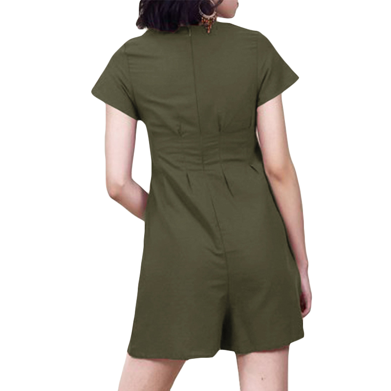 Women-V-neck-Buttons-Solid-Color-Short-Jumpsuit-Overalls-1422761