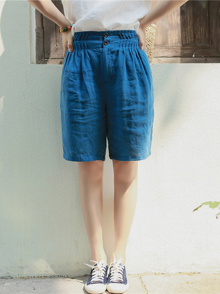 Casual-Women-Linen-Elastic-Waist-Pure-Color-Shorts-1309965