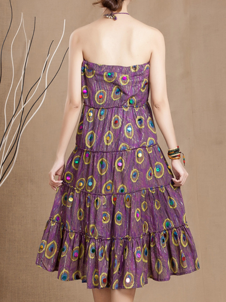 Bohemian-Peacock-Feather-Printed-Swing-Skirt-For-Women-1187068