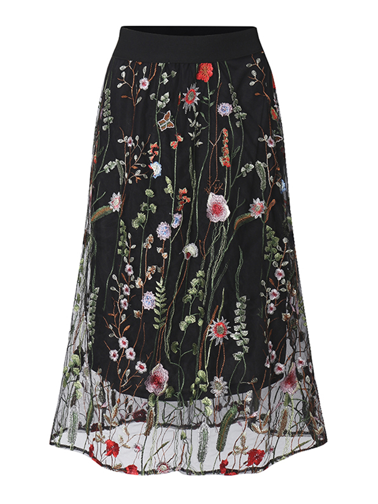 Bohemian-Women-Black-Elastic-Waist-Floral-Embroidered-Mesh-A-Line-Midi-Skirts-1154062