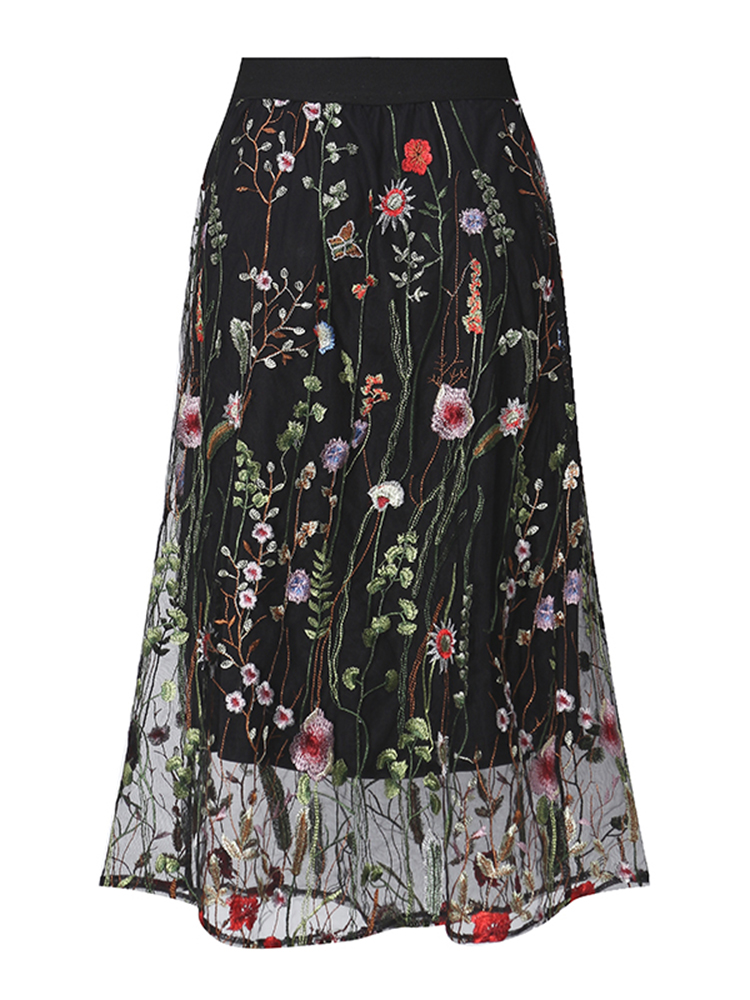 Bohemian-Women-Black-Elastic-Waist-Floral-Embroidered-Mesh-A-Line-Midi-Skirts-1154062