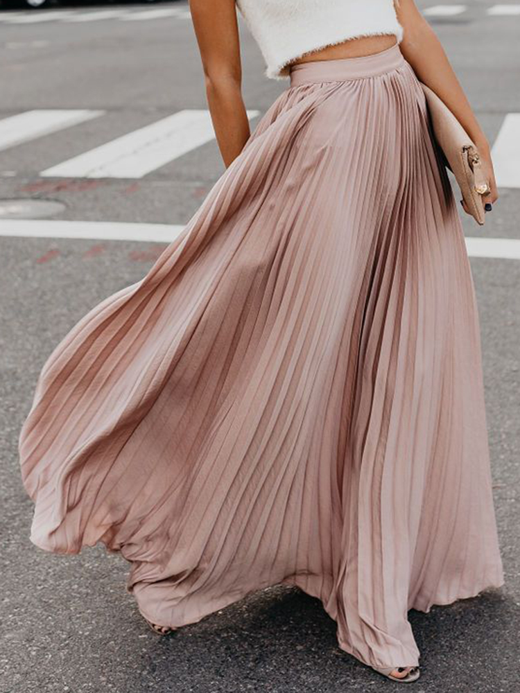 Boho-Elastic-Waist-Pleated-Pure-Color-Women-Skirts-1403266