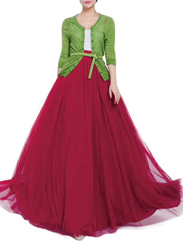 Bow-Belt-Solid-Color-Mesh-Tulle-Pleated-High-Waist-Women-Maxi-Skirt-1030012