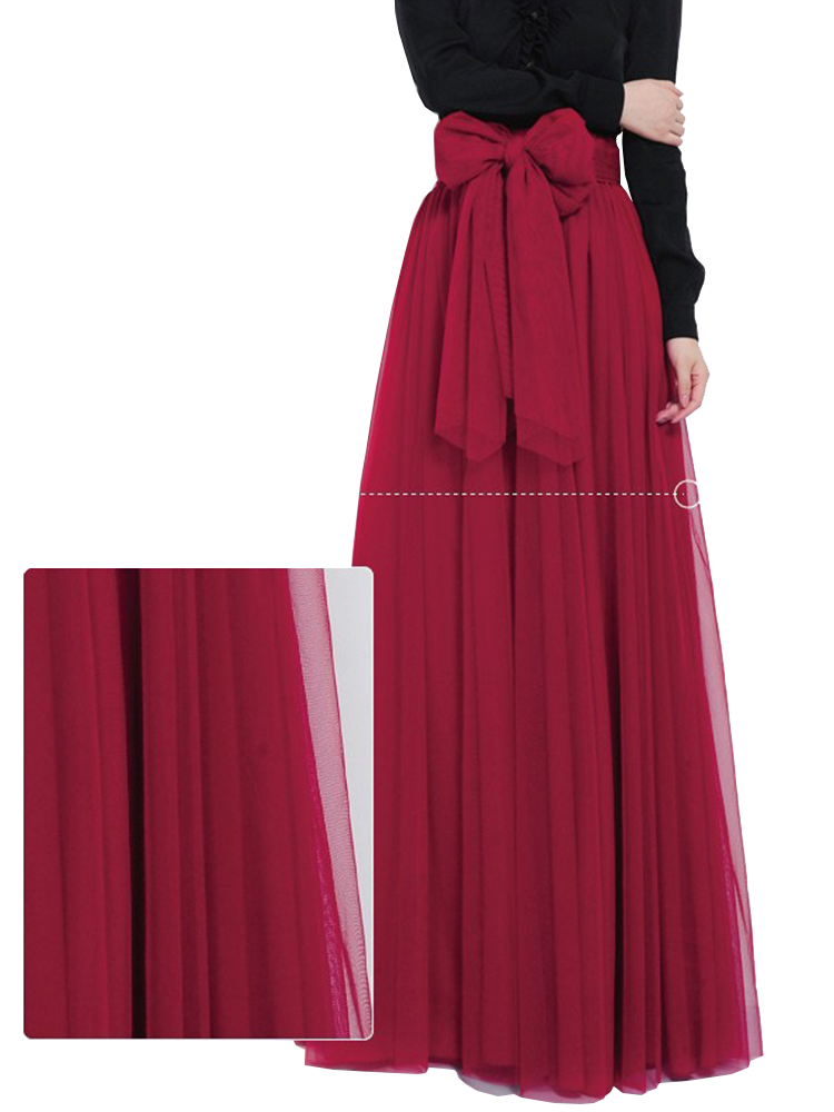 Bow-Belt-Solid-Color-Mesh-Tulle-Pleated-High-Waist-Women-Maxi-Skirt-1030012