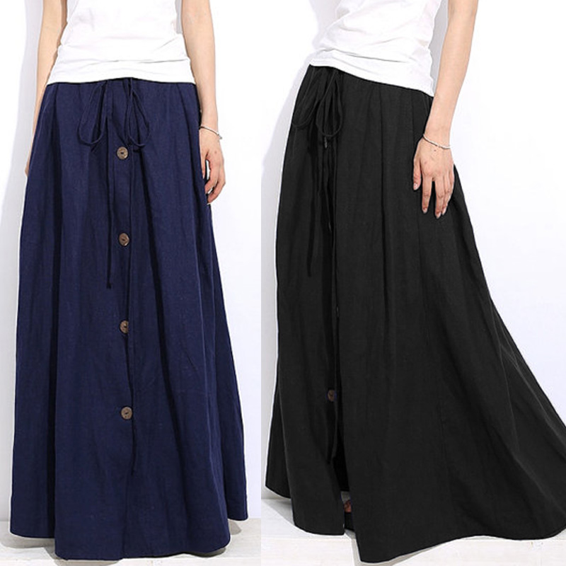 Casual-Women-Elastic-Waist-Lace-Up-Solid-Color-Maxi-Skirt-with-Button-Design-1237876