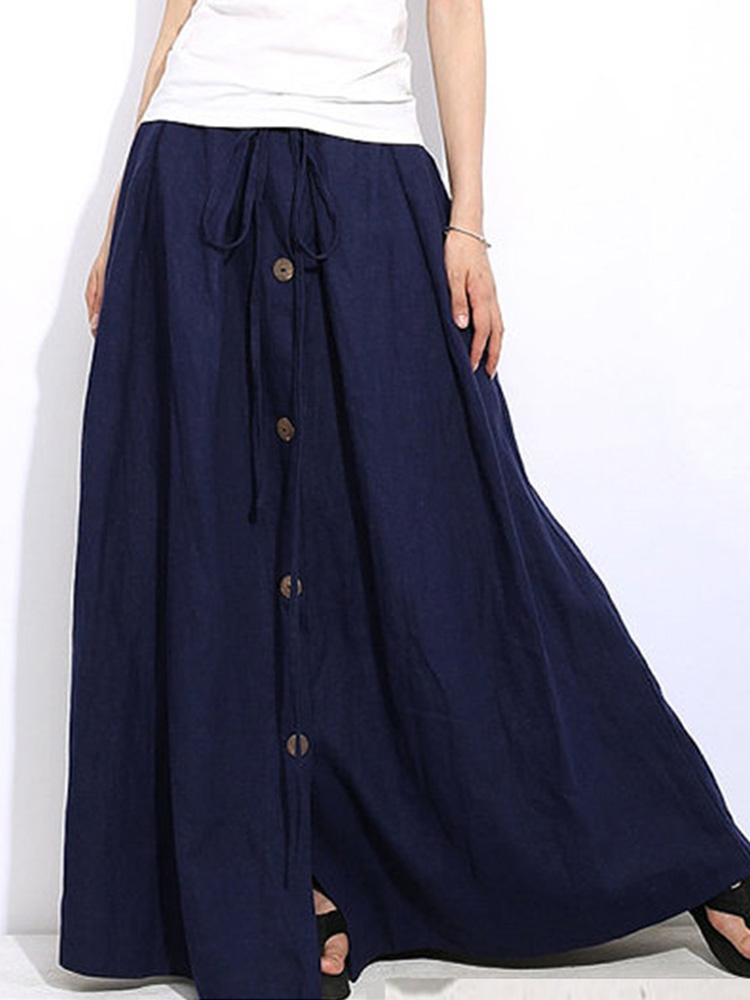 Casual-Women-Elastic-Waist-Lace-Up-Solid-Color-Maxi-Skirt-with-Button-Design-1237876