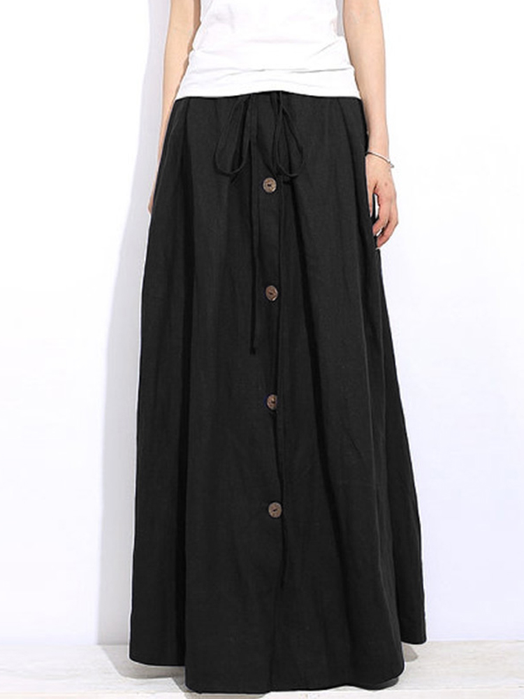 Casual-Women-Elastic-Waist-Lace-Up-Solid-Color-Maxi-Skirt-with-Button-Design-1237876