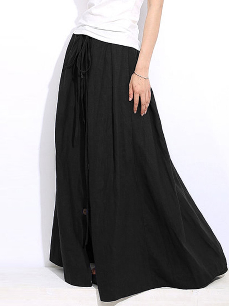 Casual-Women-Elastic-Waist-Lace-Up-Solid-Color-Maxi-Skirt-with-Button-Design-1237876