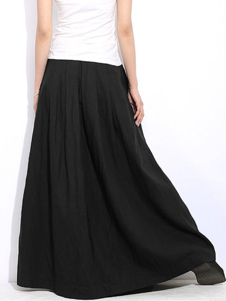 Casual-Women-Elastic-Waist-Lace-Up-Solid-Color-Maxi-Skirt-with-Button-Design-1237876