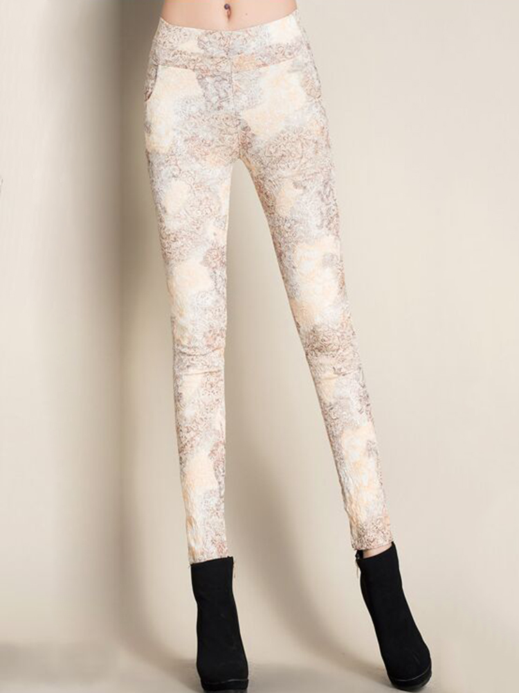 Casual-Jacquard-Floral-Mid-Waist-Slim-Women-Elastic-Pants-1106742