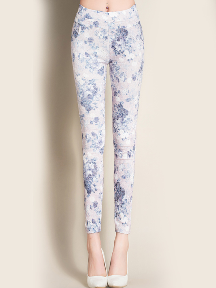 Casual-Jacquard-Floral-Mid-Waist-Slim-Women-Elastic-Pants-1106742