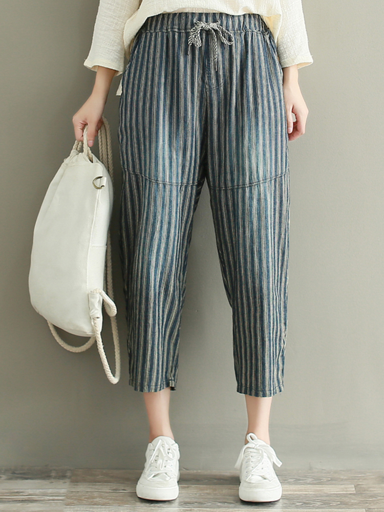 Casual-Loose-Stripe-Drawstring-Waist-Women-Pants-1199622