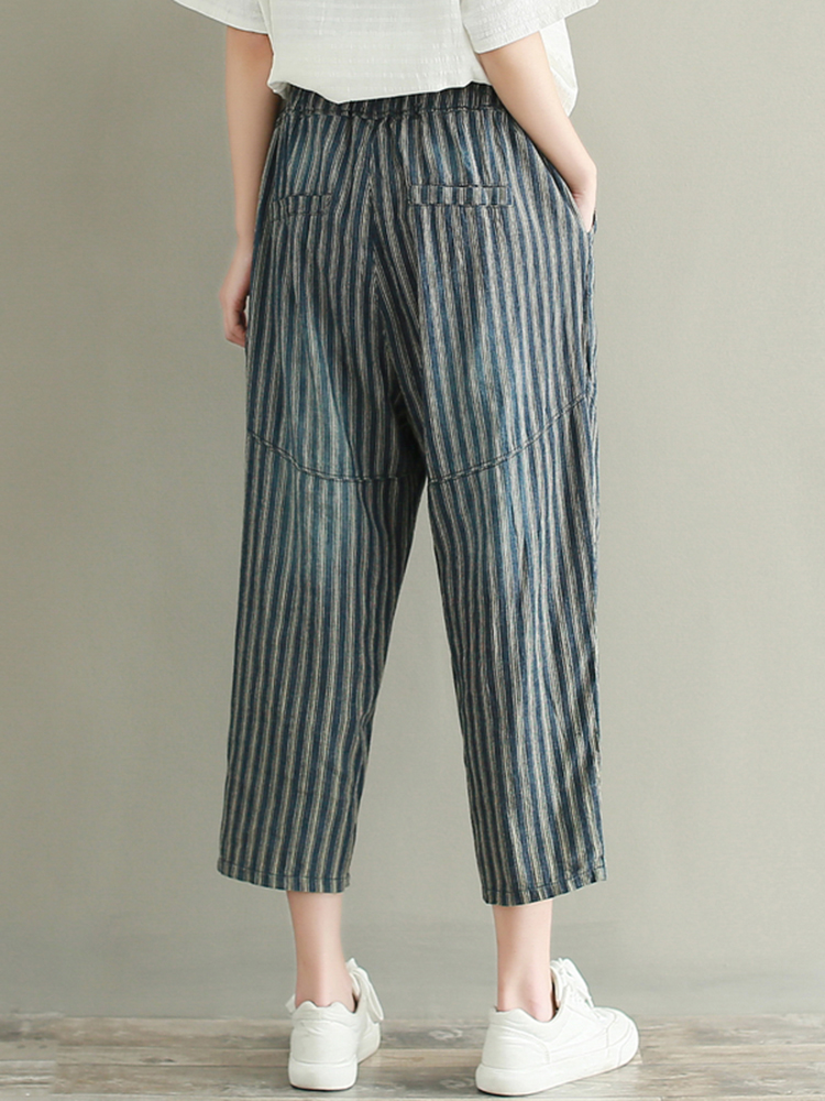 Casual-Loose-Stripe-Drawstring-Waist-Women-Pants-1199622