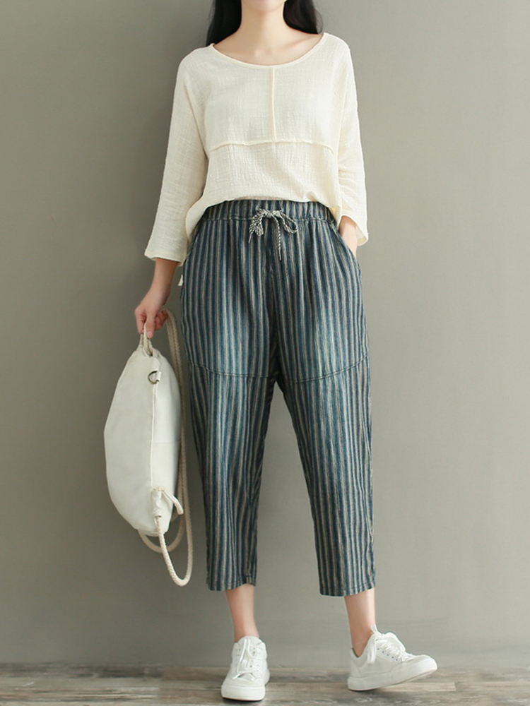 Casual-Loose-Stripe-Drawstring-Waist-Women-Pants-1199622