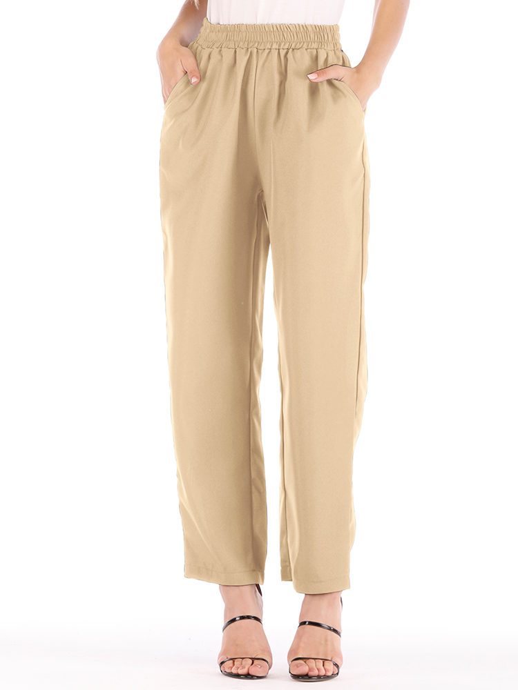 Women-Casual-Pure-Color-High-Waist-Elastic-Waist-Pants-1401333