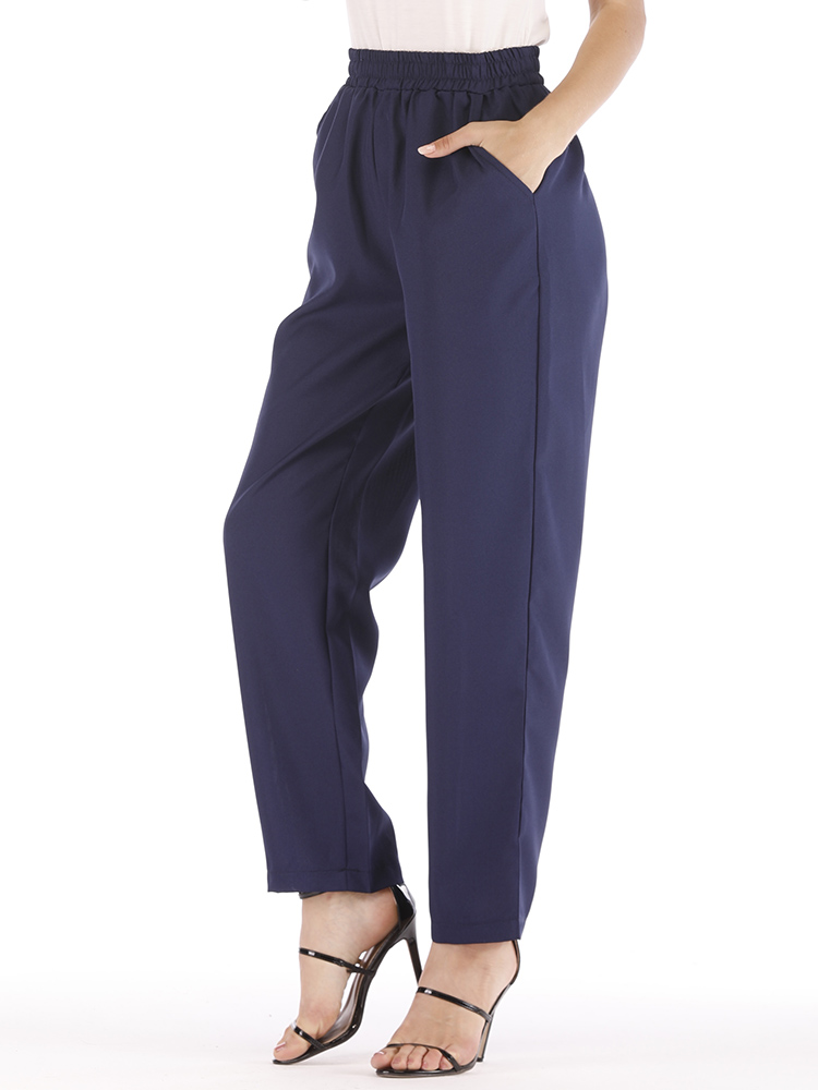 Women-Casual-Pure-Color-High-Waist-Elastic-Waist-Pants-1401333