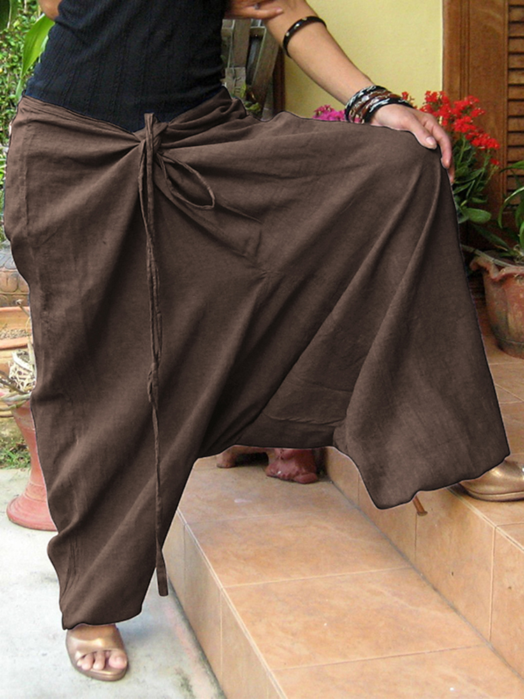 Women-Vintage-Solid-Color-Cotton-Loose-Casual-Wide-Leg-Pants-1402420