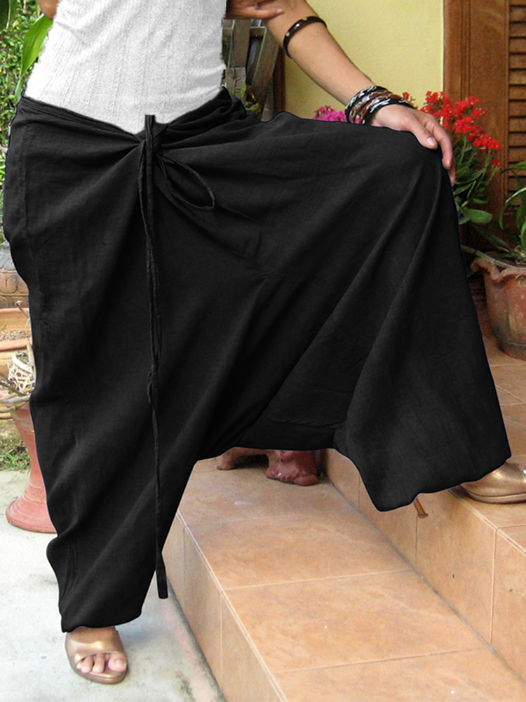 Women-Vintage-Solid-Color-Cotton-Loose-Casual-Wide-Leg-Pants-1402420