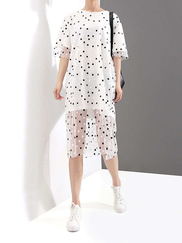 Casual-Women-Fake-Two-Pieces-Polka-Dot-O-Neck-Short-Sleeve-Dress-1312576