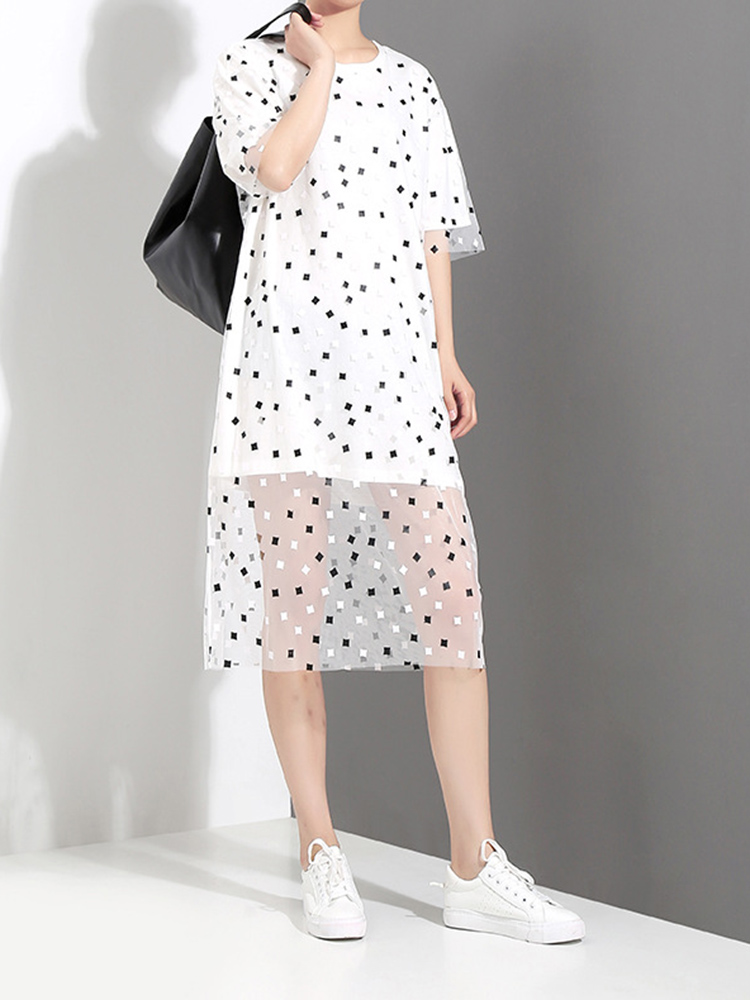 Casual-Women-Fake-Two-Pieces-Polka-Dot-O-Neck-Short-Sleeve-Dress-1312576