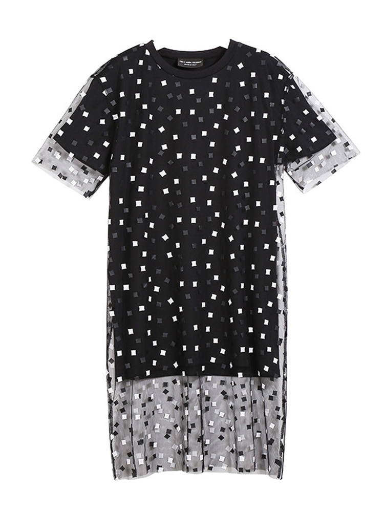 Casual-Women-Fake-Two-Pieces-Polka-Dot-O-Neck-Short-Sleeve-Dress-1312576