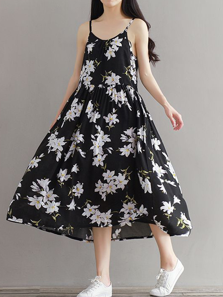 Casual-Women-Loose-Floral-Print-O-Neck-Strap-Chiffon-Dress-1312603