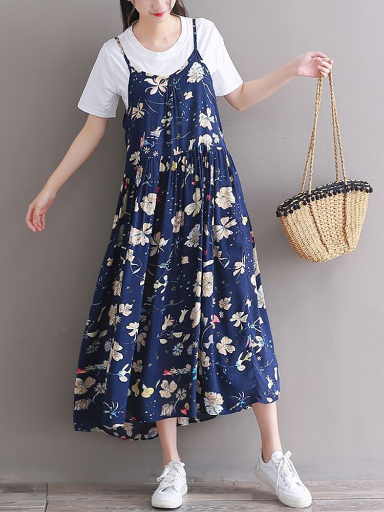 Casual-Women-Loose-Floral-Print-O-Neck-Strap-Chiffon-Dress-1312603