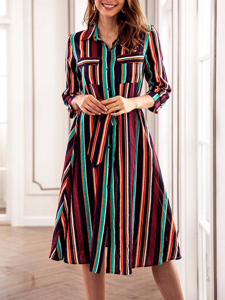 Casual-Women-Striped-34-Sleeve-Button-Dress-with-Pockets-1380666