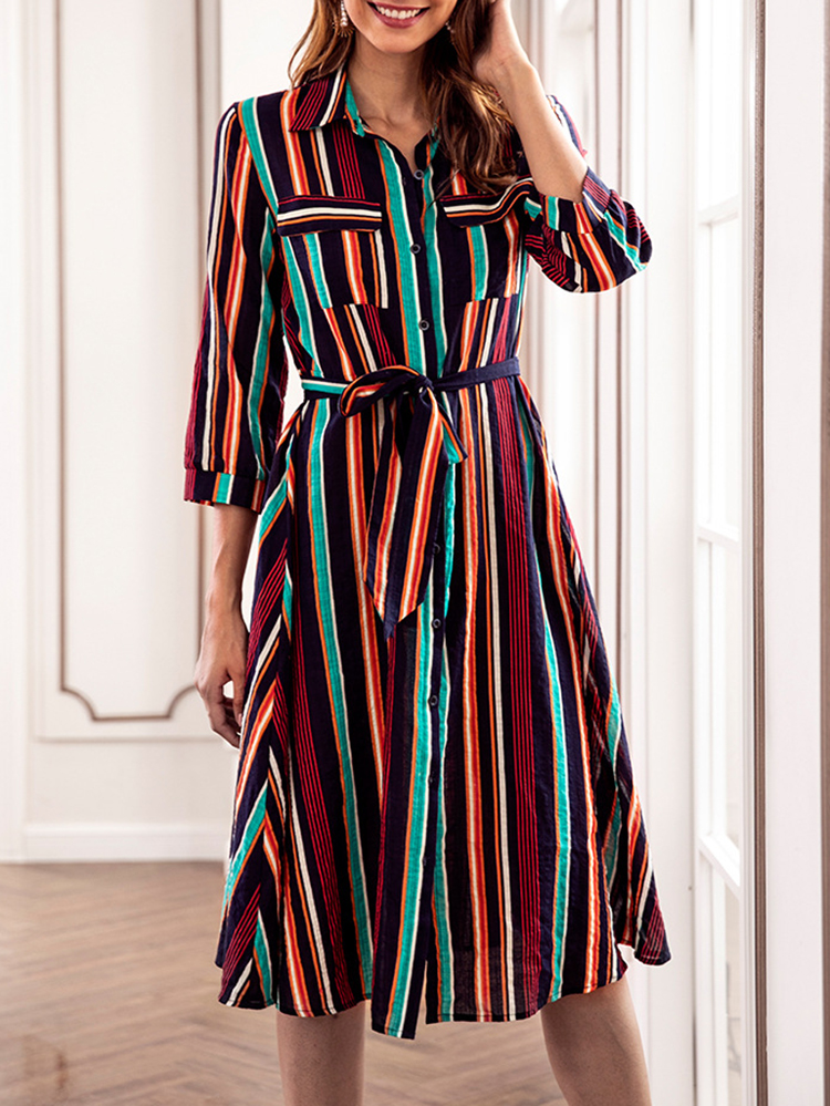 Casual-Women-Striped-34-Sleeve-Button-Dress-with-Pockets-1380666