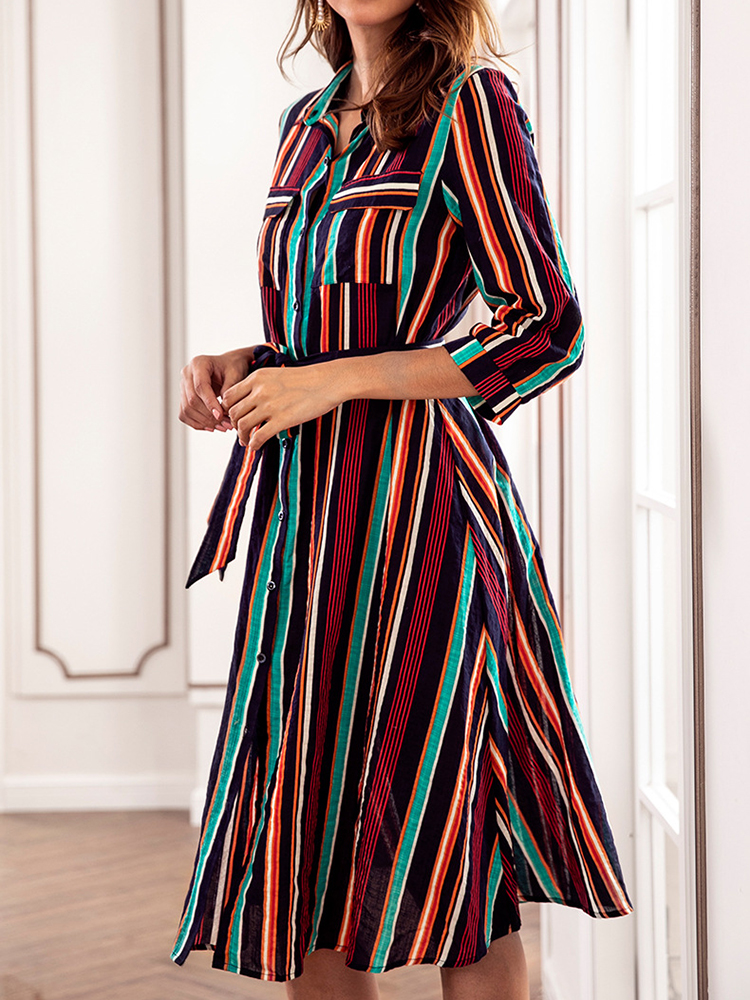 Casual-Women-Striped-34-Sleeve-Button-Dress-with-Pockets-1380666