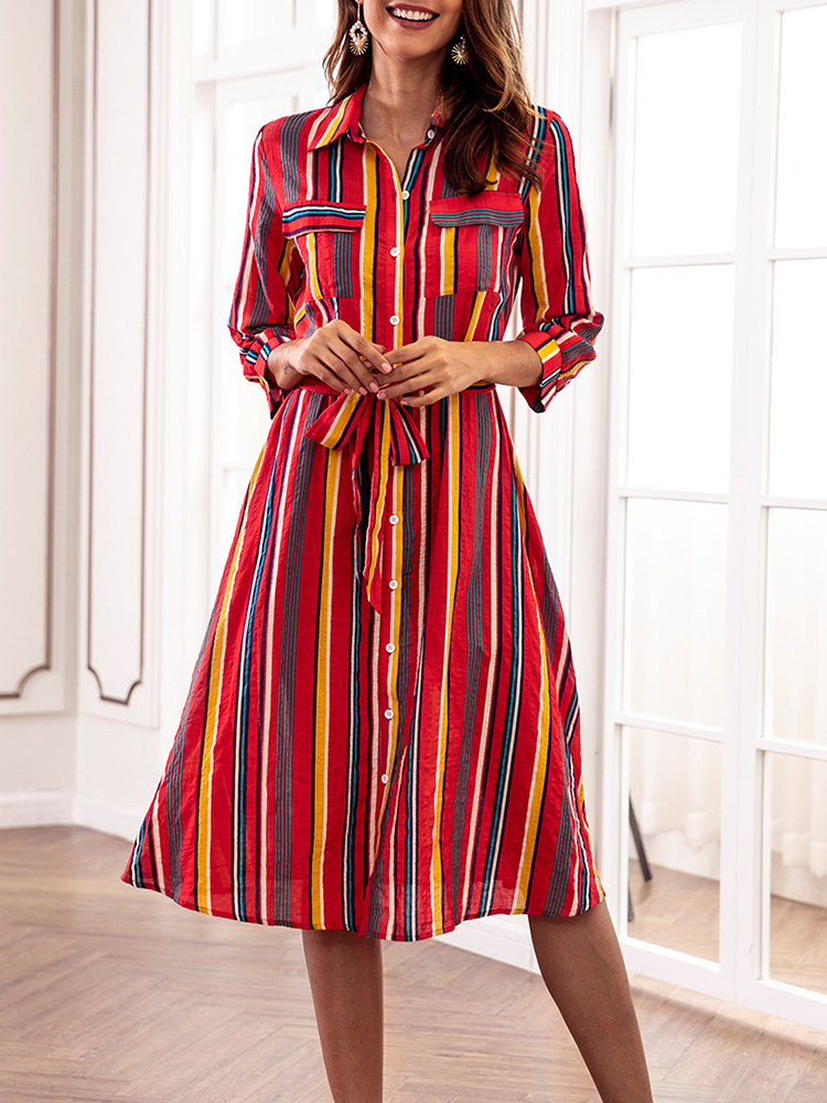 Casual-Women-Striped-34-Sleeve-Button-Dress-with-Pockets-1380666