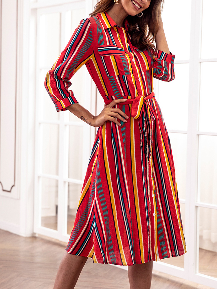 Casual-Women-Striped-34-Sleeve-Button-Dress-with-Pockets-1380666