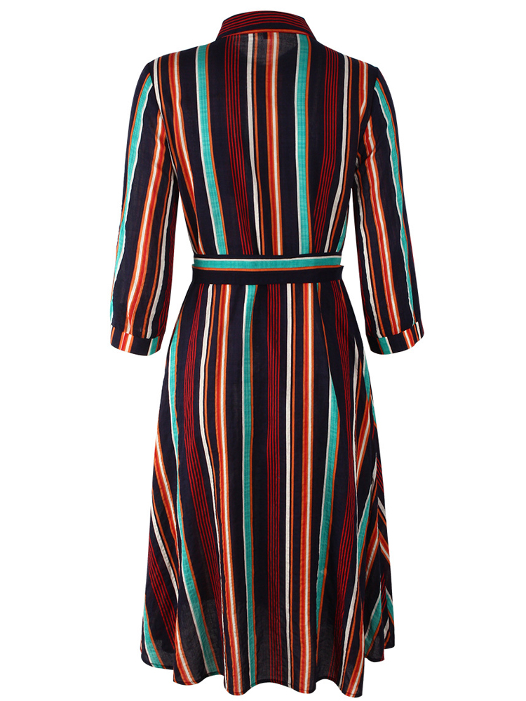 Casual-Women-Striped-34-Sleeve-Button-Dress-with-Pockets-1380666