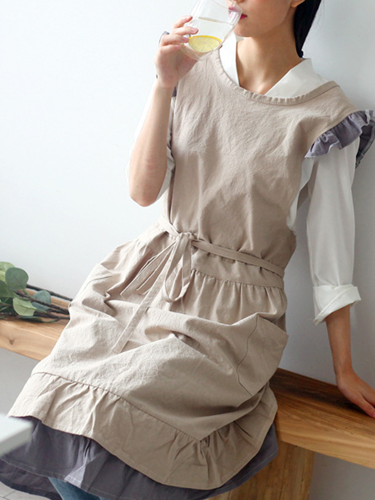 Japanese-Sleeveless-Ruffle-Pockets-Solid-Color-Vintage-Apron-Dress-1390462