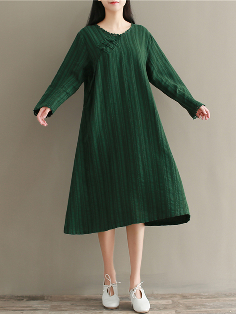 Women-Pure-Color-V-neck-Plate-Buckle-Loose-Long-Sleeve-Dress-1192940
