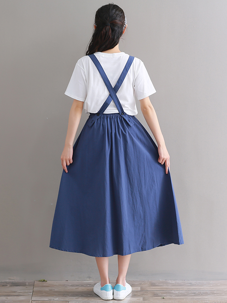 Women-Solid-Color-Cotton-Linen-Elastic-Waist-Sleeveless-Strap-Dress-with-Pockets-1382140