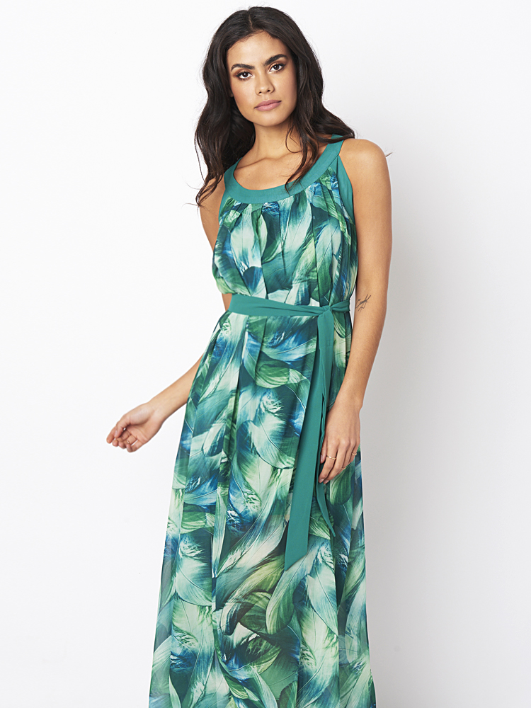 Bohemian-Women-Feather-Print-Chiffon-Loose-Hem-Maxi-Dress-With-Belt-1125550